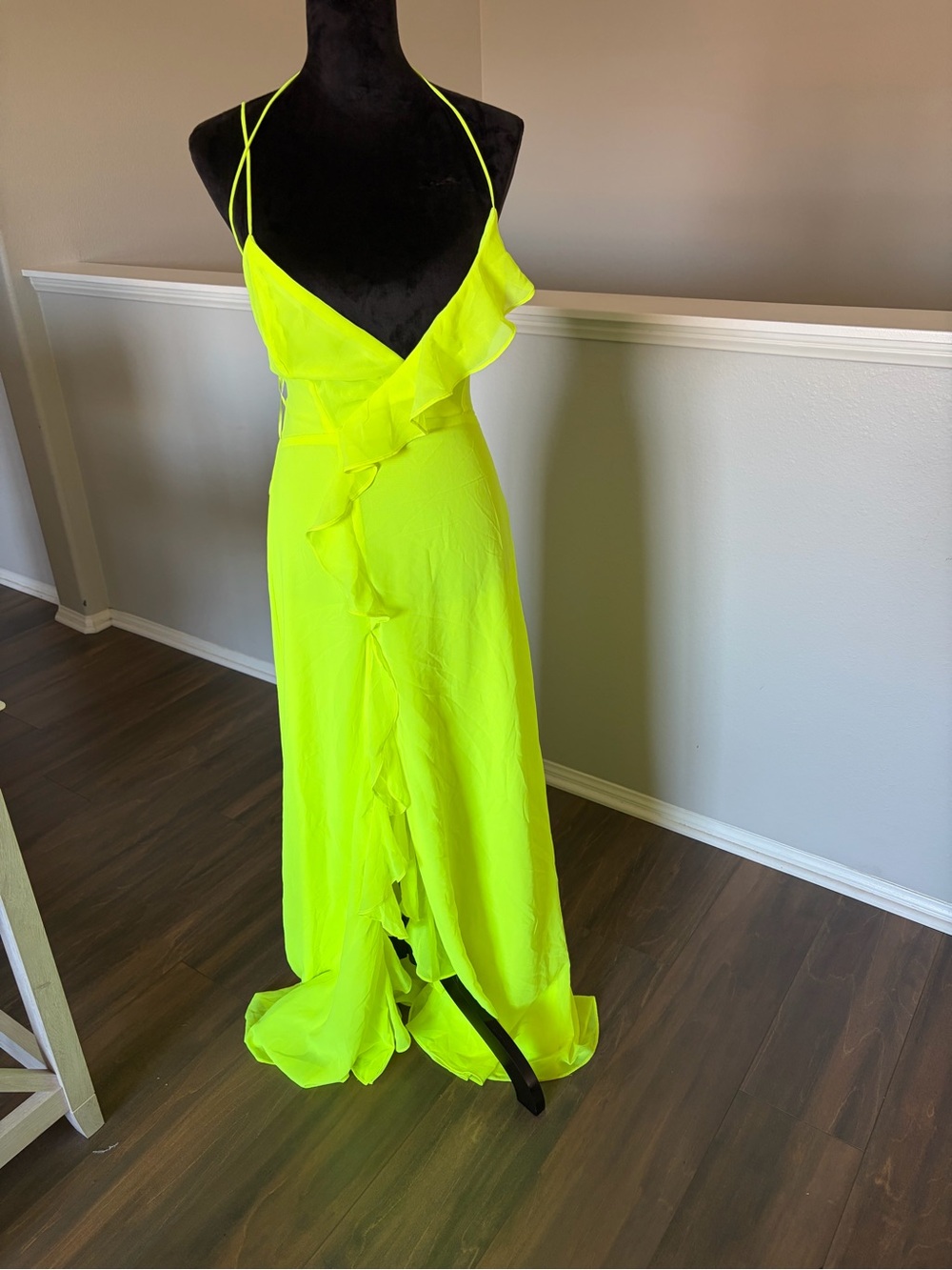 Neon Yellow Ruffle-Front Spaghetti-Strap Maxi Dress